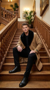 Men’s Camel Tan Long Overcoat with Black Faux Fur Collar - Wool Topcoat Three if not Full length
