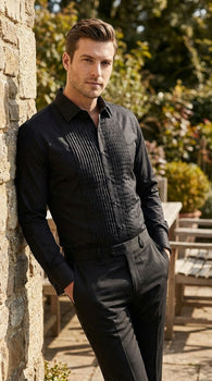 Men’s Black Pleated Tuxedo Dress Shirt | Formal Laydown Collar Button-Up Shirt for Weddings & Black Tie By Tiglio