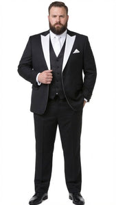 Men’s Black and White Lapel Prom Tuxedo Suit + Black Vest + Black Pants Peak Lapel