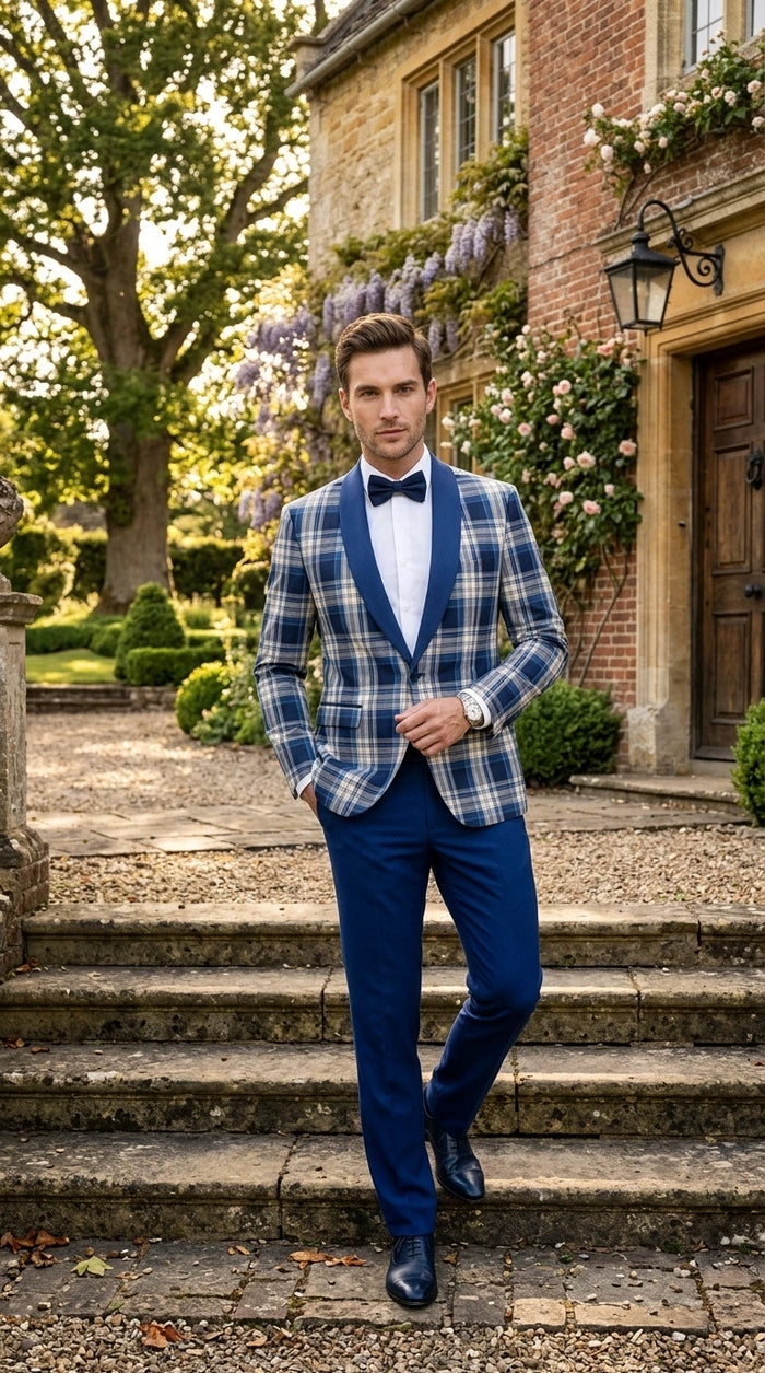 Men’s Tartan Blue Plaid and Solid Blue Tuxedo – Modern Check Pattern Formal Suit for New Year - Christmas - Holiday Jacket with Pants