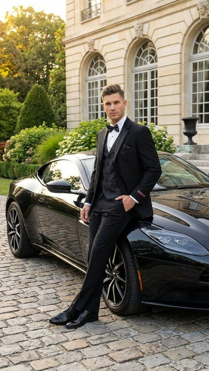 Men's Black Vested Tuxedo Suit with Patterned Lapel – Classic Formal Suit for Wedding, Party and Evening Events - Image 9