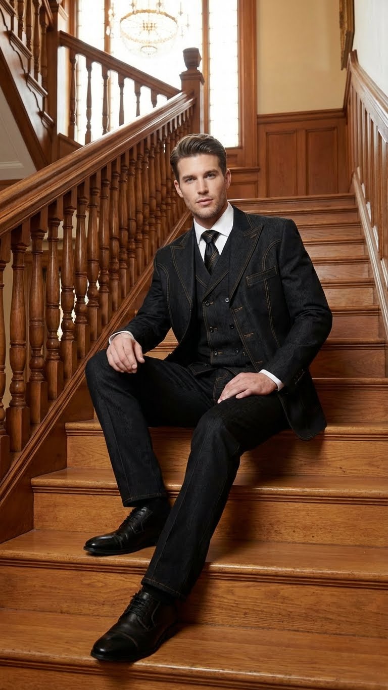 Men's Black Denim Fabric Suit – Classic Three Piece Denim Suit for Wedding, Prom and Church Wear - Image 9