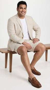Men’s Tan Linen Suit with Shorts, 2 Piece Summer Short Suit, Casual Beach Wedding Outfit