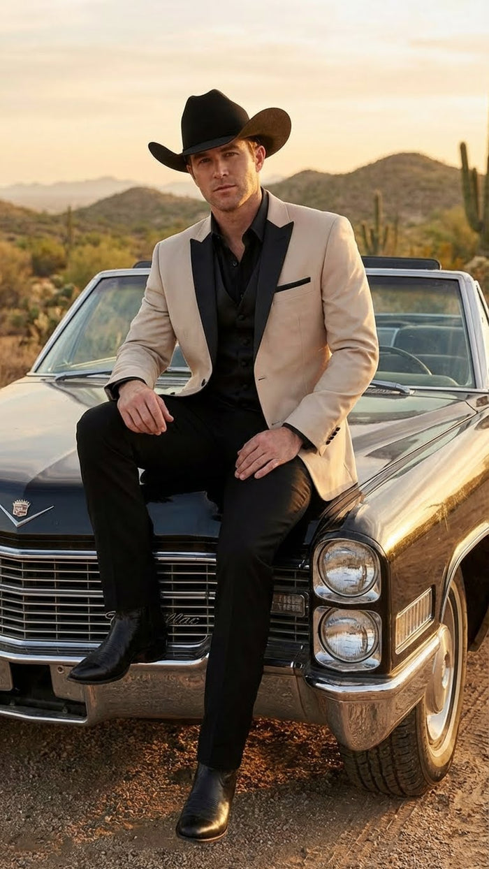 Men's Light Tan and Black Lapel Western Tuxedo Suit Set Wedding Party Cowboy Dress Tuxedo Black Pants - Image 9