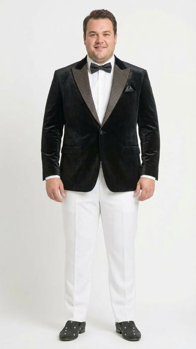 Men’s Black Velvet Tuxedo Blazer with Studded Lapel – Formal Evening Jacket