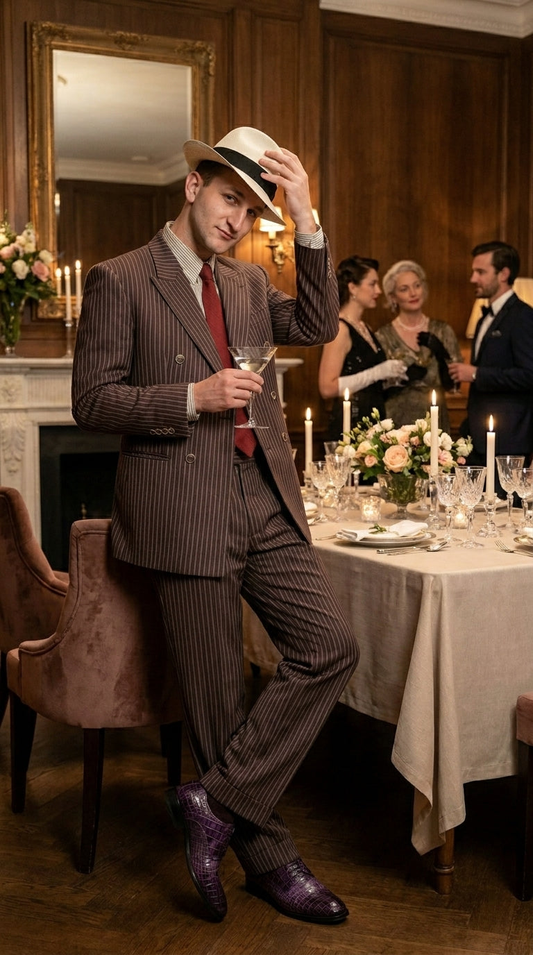 Men’s Brown Pinstripe Bonnie and Clyde Costume Suit – Vintage Gangster 1920s Outfit for Party, Halloween and Themed Events Modern Fit