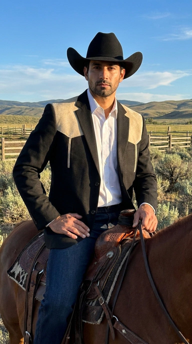 Men’s Black & Bone Tan Western Blazer – Cowboy Sport Coat with Suede Yoke for Rodeo, Ranch & Country Wear