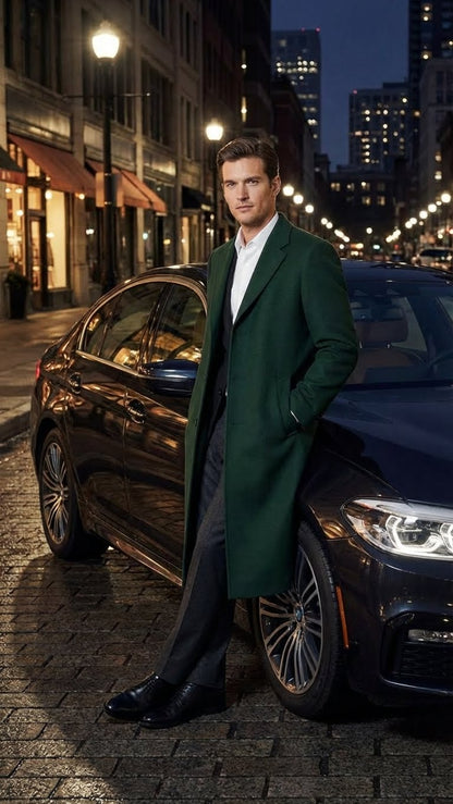 Men’s Hunter Green Full-Length Wool Overcoat – Classic Winter Dress Coat for Formal and Casual Wear Topcoat Mens Wintercoat