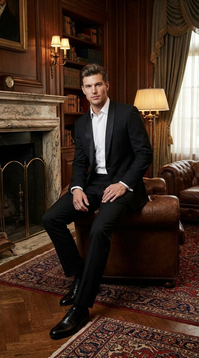 Tiglio Designer Men’s Black Single Button Tuxedo Suit – Formal Black Business and Wedding Suit Shawl Collar  Super 150's Wool Fabric