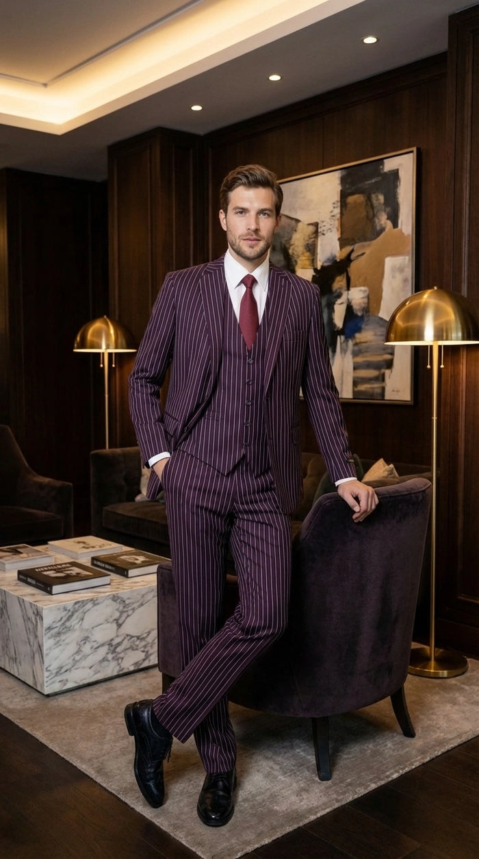 Men’s Plum Eggplant Pinstripe 3 Piece Suit – Burgundy Purple Formal Suit  Gangster 1920s Mafia Pimp Suit Modern Fit