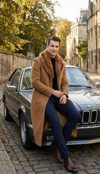 Men's Camel Brown Long Overcoat with Faux Fur Collar, Classic Winter Topcoat for Formal and Business Wear - Image 9
