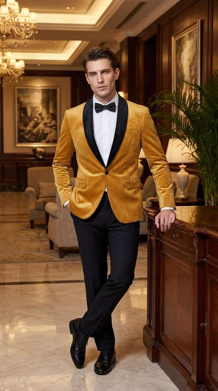 Men’s Velvet Gold Tuxedo Dinner Jacket – Black Shawl Lapel Wedding & Prom Blazer