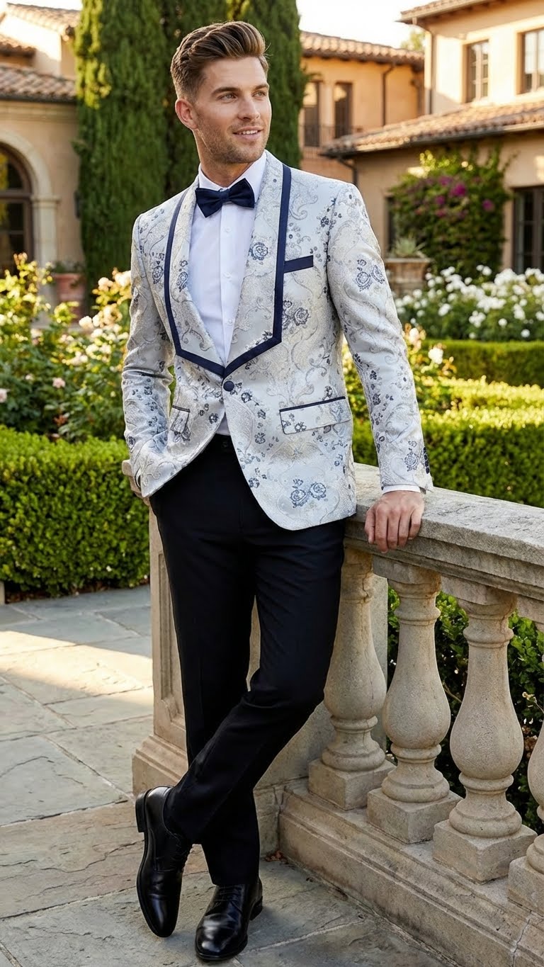 Men’s White and Navy Blue Lapel  Floral Jacquard Blazer with Contrast Shawl Lapel – Luxury Wedding and Party Wear Jacket paisley Tuxedo Navy Pants