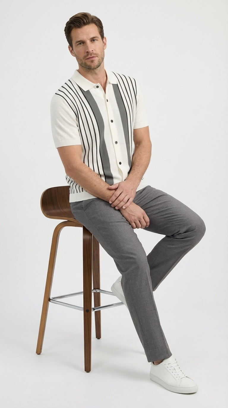 Mens White and Charcoal Gray Stripe Walking Suit Plus Matching Pants – Short Sleeve Button Shirt and Pants Casual Summer Outfit for Travel, Vacation and Everyday Wear