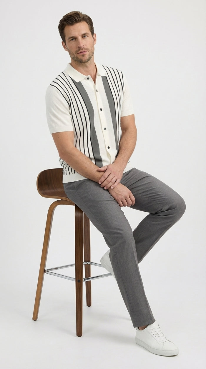 Mens White and Charcoal Gray Stripe Walking Suit Plus Matching Pants – Short Sleeve Button Shirt and Pants Casual Summer Outfit for Travel, Vacation and Everyday Wear