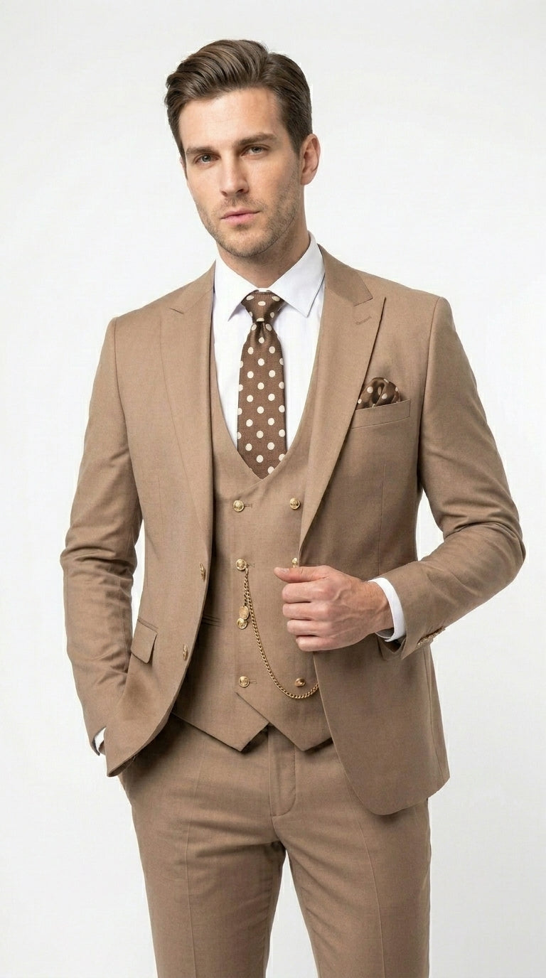 Men’s Rossiman Tan Suit with Gold Buttons, Peak Lapel Jacket and Double Breasted Vest Modern Fit