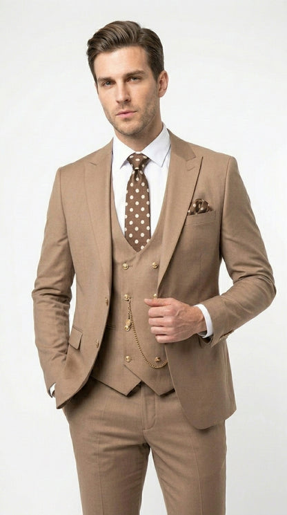 Men’s Rossiman Tan Suit with Gold Buttons, Peak Lapel Jacket and Double Breasted Vest Modern Fit