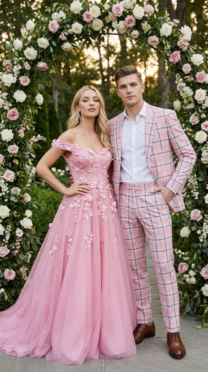 Men’s Pink Plaid Suit with Check Pattern Blazer and Matching Pants, Formal Wedding Party Dress Suit