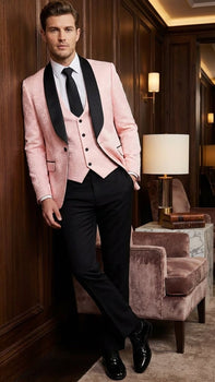 Men’s Blush Pink Tuxedo Suit Set with Black Shawl Lapel – 3 Piece Formal Wedding and Party Prom Vest + Black Pants