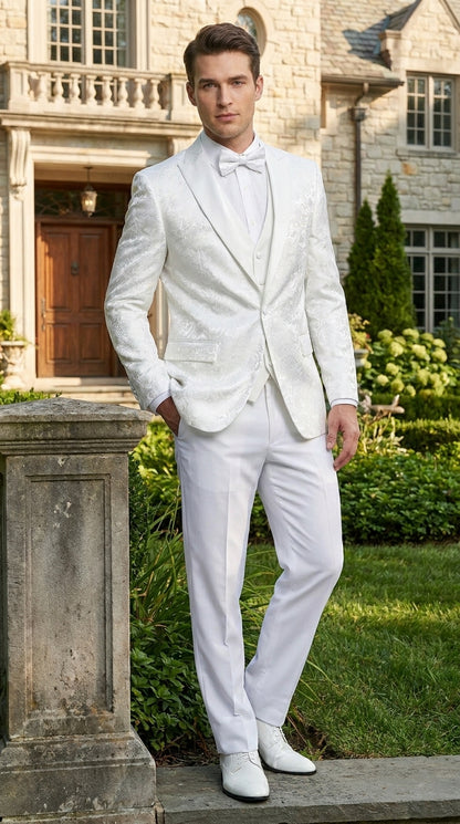 Men’s White Paisley Wedding Tuxedo with Groom Suit Jacket, Vest and Pants, Formal Dress Suit