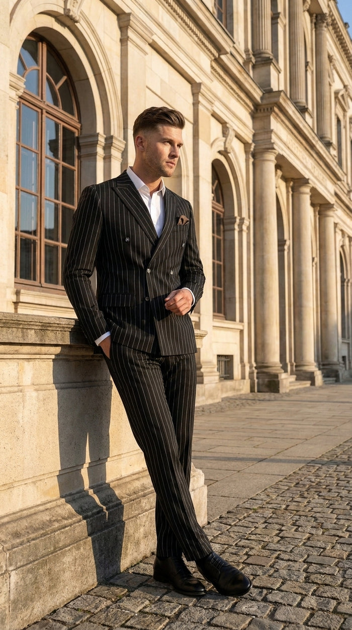 Men's Black Pinstripe Tuxedo Suit – Classic  & 1920s Gangster Formal Wear Vintage 1940s 1930s Look