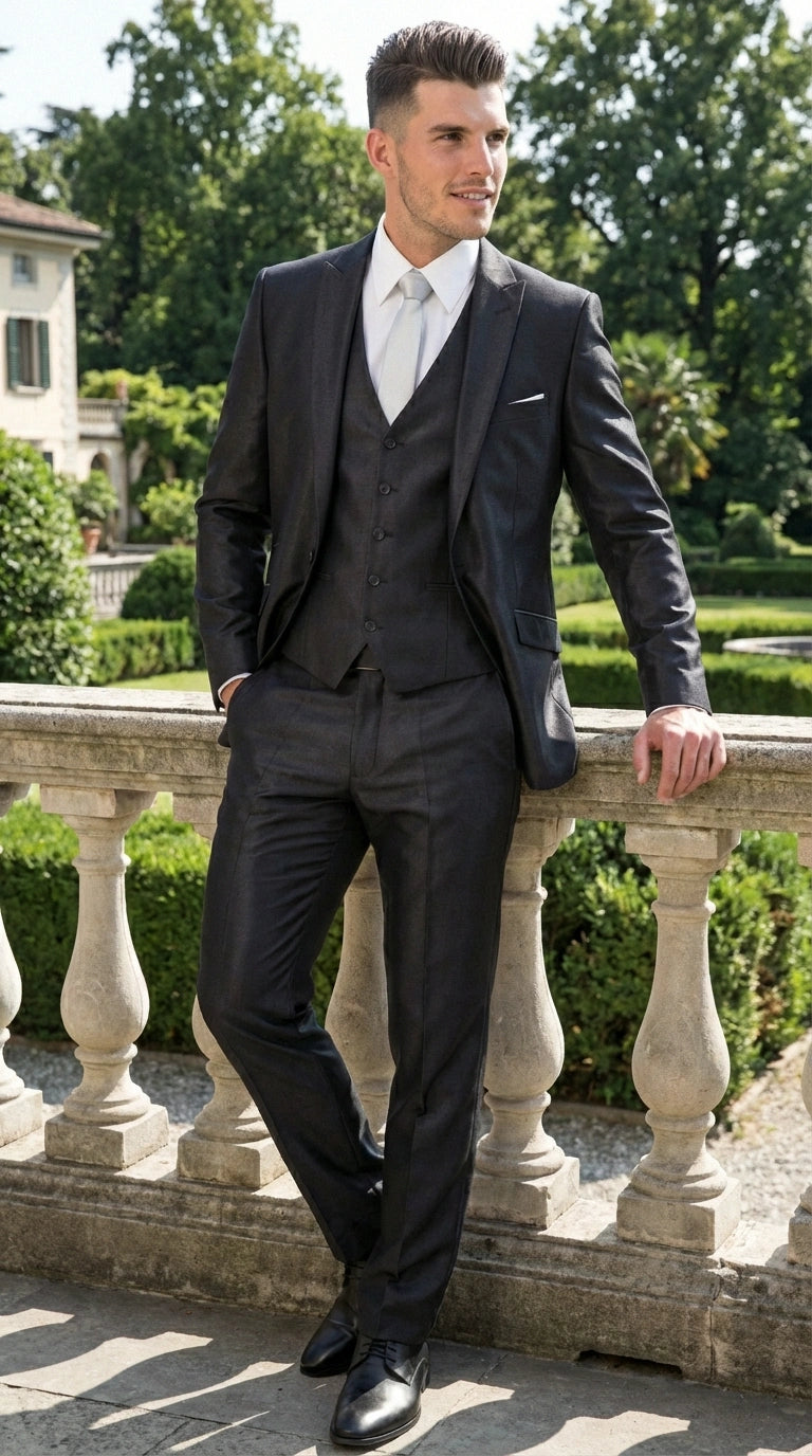 Men’s Black Three Piece Suit –3PC Formal Suit with Vest for Wedding, Prom and Business Events Sharkskin Shiny Fabric  Modern Fit