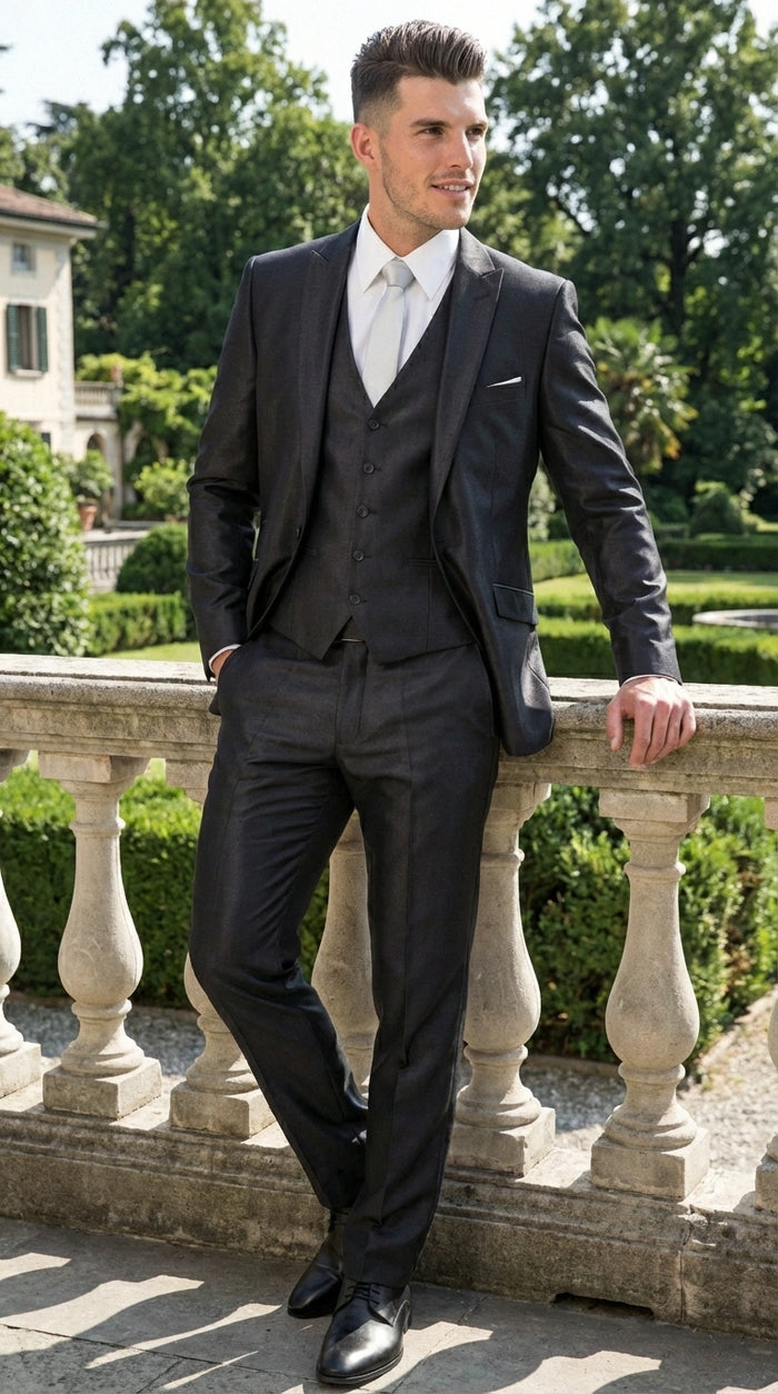 Men’s Black Three Piece Suit –3PC Formal Suit with Vest for Wedding, Prom and Business Events Sharkskin Shiny Fabric  Modern Fit