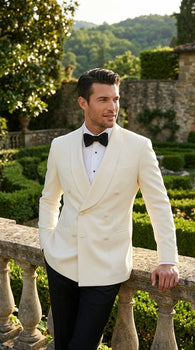 Men’s Ivory Wool Dinner Jacket – Classic Double Breasted Formal Tuxedo Jacket for Wedding and Black Tie Events