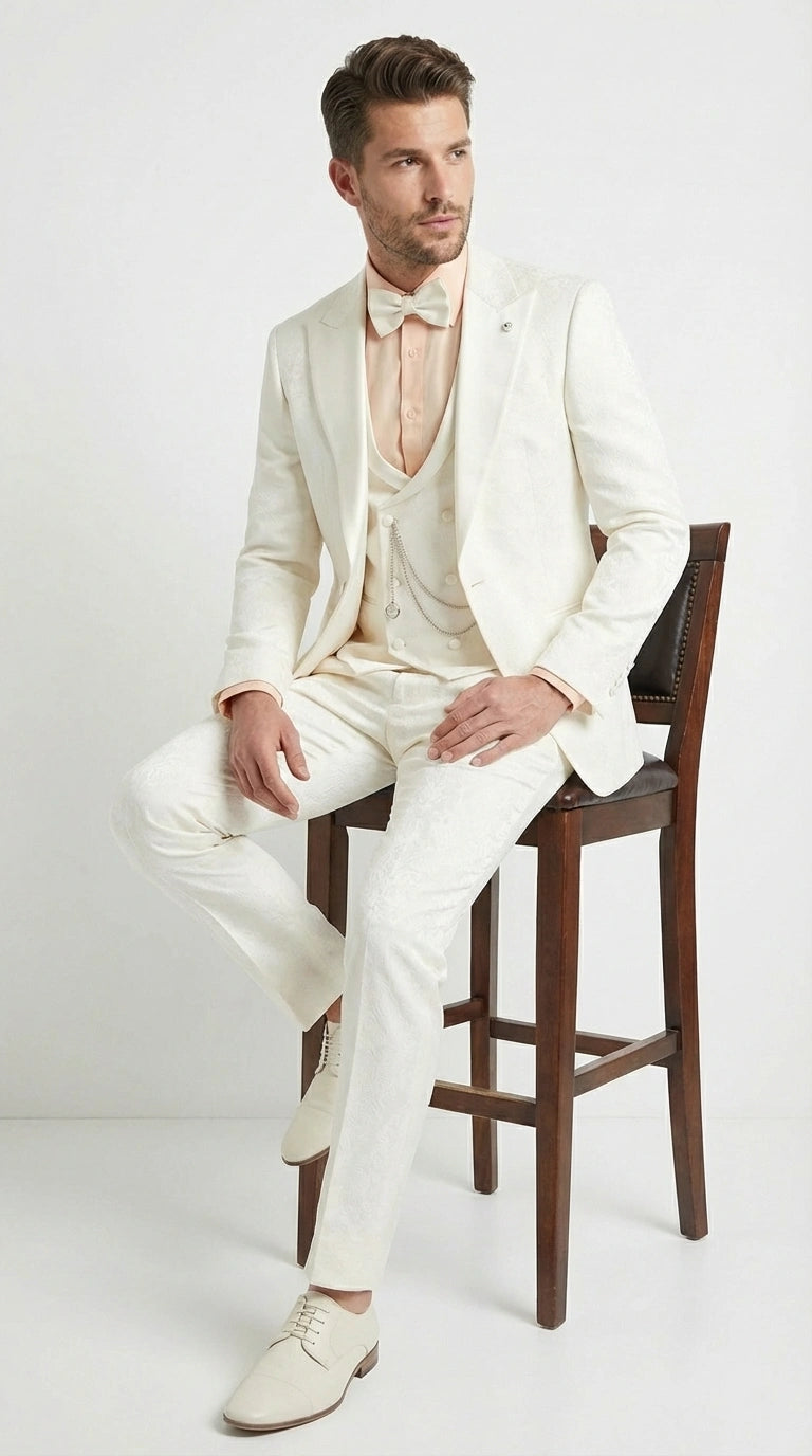 Vinci Men’s Ivory Three Piece Suit – Ivory 3PC Formal Wedding Suit for Groom, Prom and Black Tie Events  Modern Fit