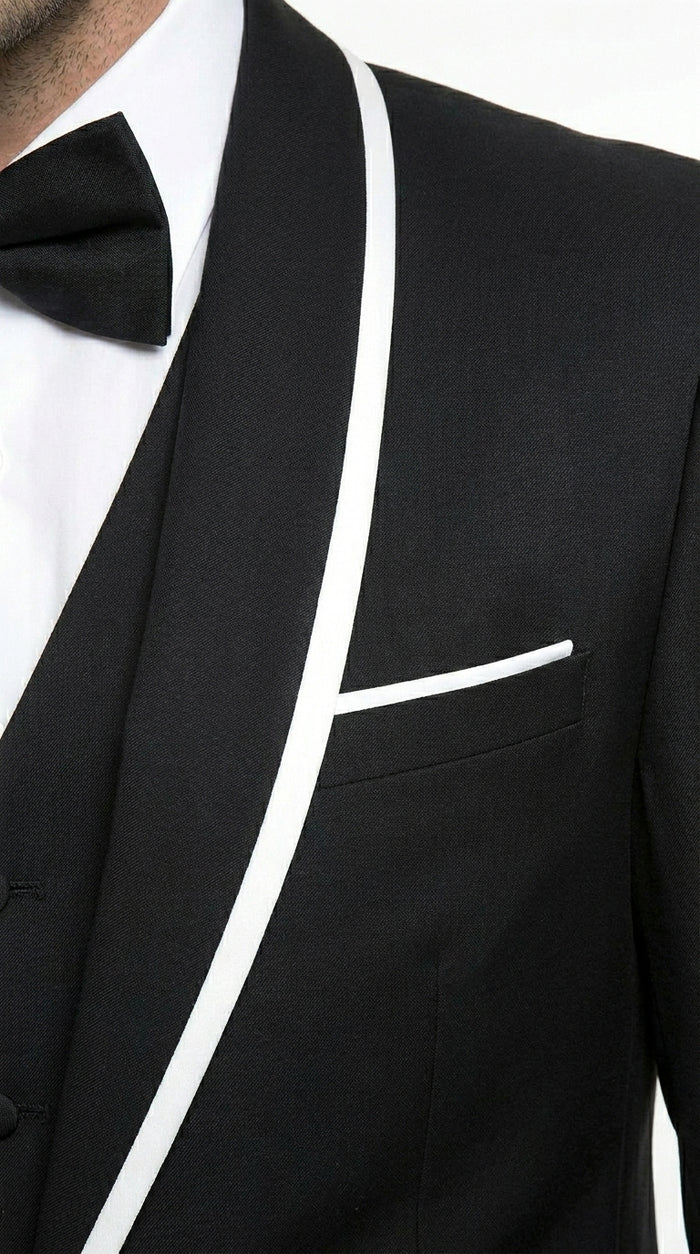 Men’s Black 1 Button Blazer with Shawl Lapel and White Trim, Formal Dinner Jacket Sport Coat