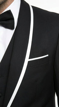 Men’s Black 1 Button Blazer with Shawl Lapel and White Trim, Formal Dinner Jacket Sport Coat