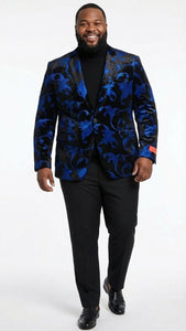 Men’s Black and Royal Blue Patterned Blazer – Paisley Floral Sport Coat Prom Jacket