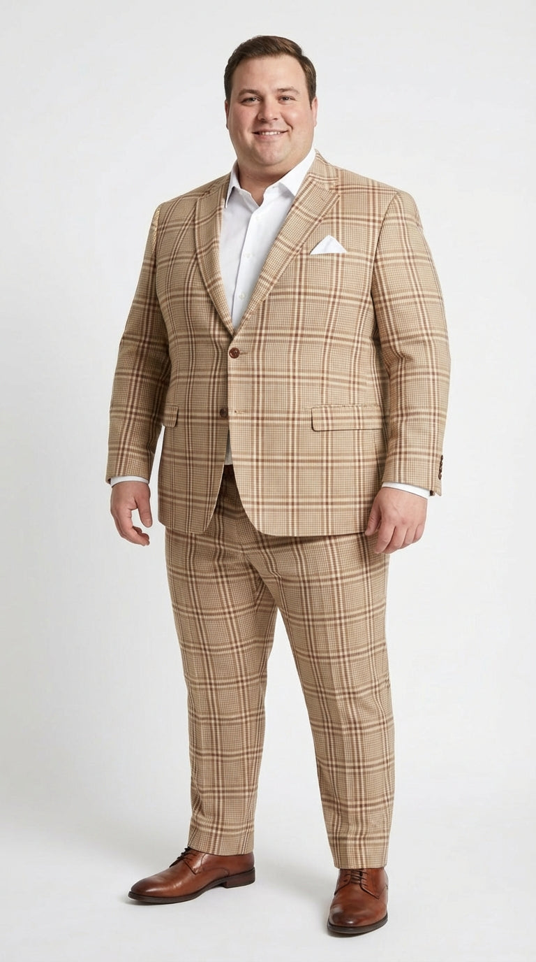 Beige Tan Plaid windowpane Two Piece Suit for Men | Classic Checkered Formal Suit with Jacket and Pants by Rossiman - Image 9