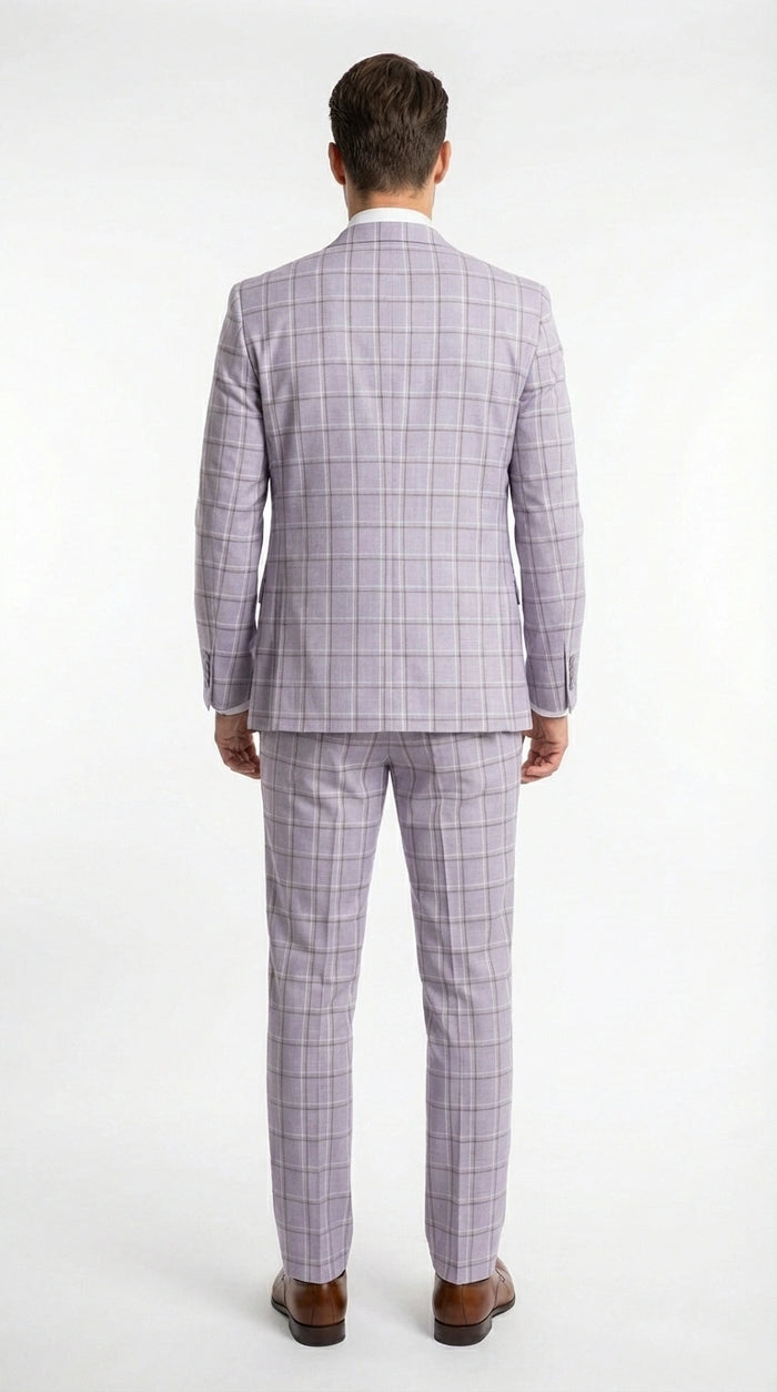 Men’s Lilac Lavender Windowpane Check 3 Piece Suit – Lilac Plaid Formal Suit with Vest for Wedding, Prom and Business Events  Modern Fit