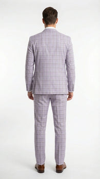 Men’s Lilac Lavender Windowpane Check 3 Piece Suit – Lilac Plaid Formal Suit with Vest for Wedding, Prom and Business Events