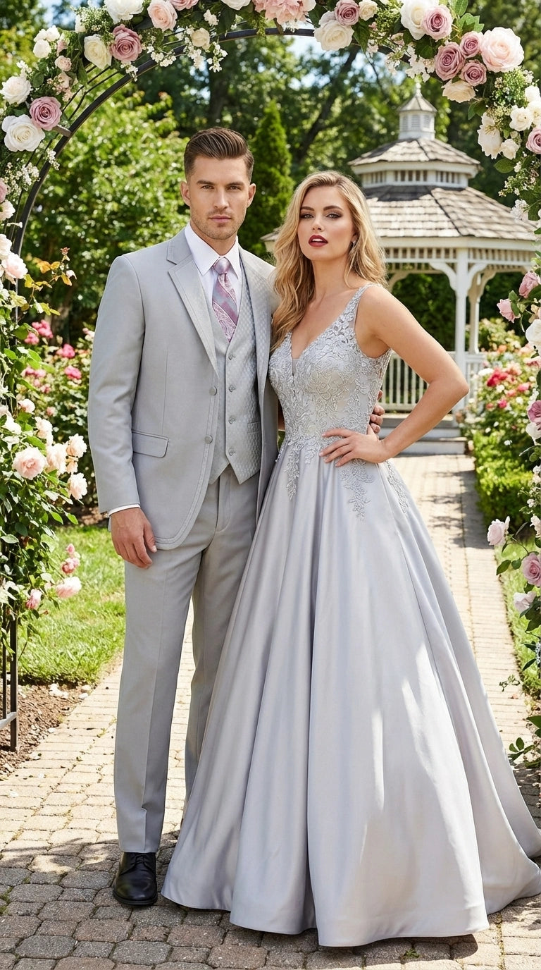 Men’s Light Gray 3 Piece Suit – Ice Silver Gray Formal Suit Set with Vest, Patterned Lapel and Tie for Wedding, Prom and Business Events  Modern Fit