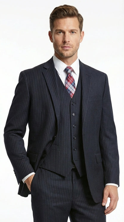 Italian Made By Statment - 100% Wool Fabric Super 150's  Banker Pinstripe in Navy Charcoal Black 2 Button Suit Modern Fit 2 Buttons Notch Lapel
