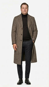 Men’s Black & Grey  Herringbone Tweed Wool Blend Overcoat – Classic Single-Breasted Winter Blazer Carcoat