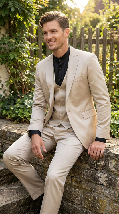 Mens 3-Piece Slim-Fit Shiny All Satin Suit Champagne