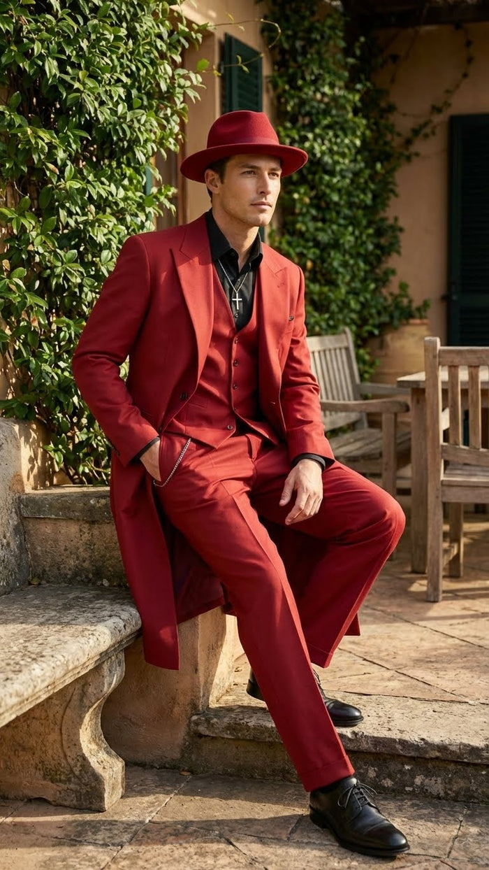 Men’s 1920s Burgundy Zoot Suit – Long Mafia Gangster Three-Piece Vintage Outfit Zuit Pachuco Style