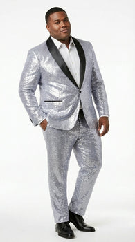 Mens Silver Grey Sequin Tuxedo Suit – Shiny Wedding Suit Set with Black Lapel for Prom, Party, Gala and Formal Evening Wear
