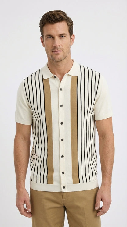 Mens Cream and Tan Striped Walking Suit plus Matching Pants  – Casual Summer Short Sleeve Shirt and Pants Outfit for Vacation, Travel and Everyday Wear