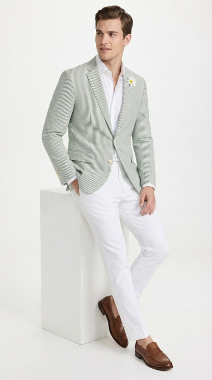 Mens Sage Green Seersucker Blazer – Lightweight Striped Summer Sport Coat Casual Smart Formal Jacket