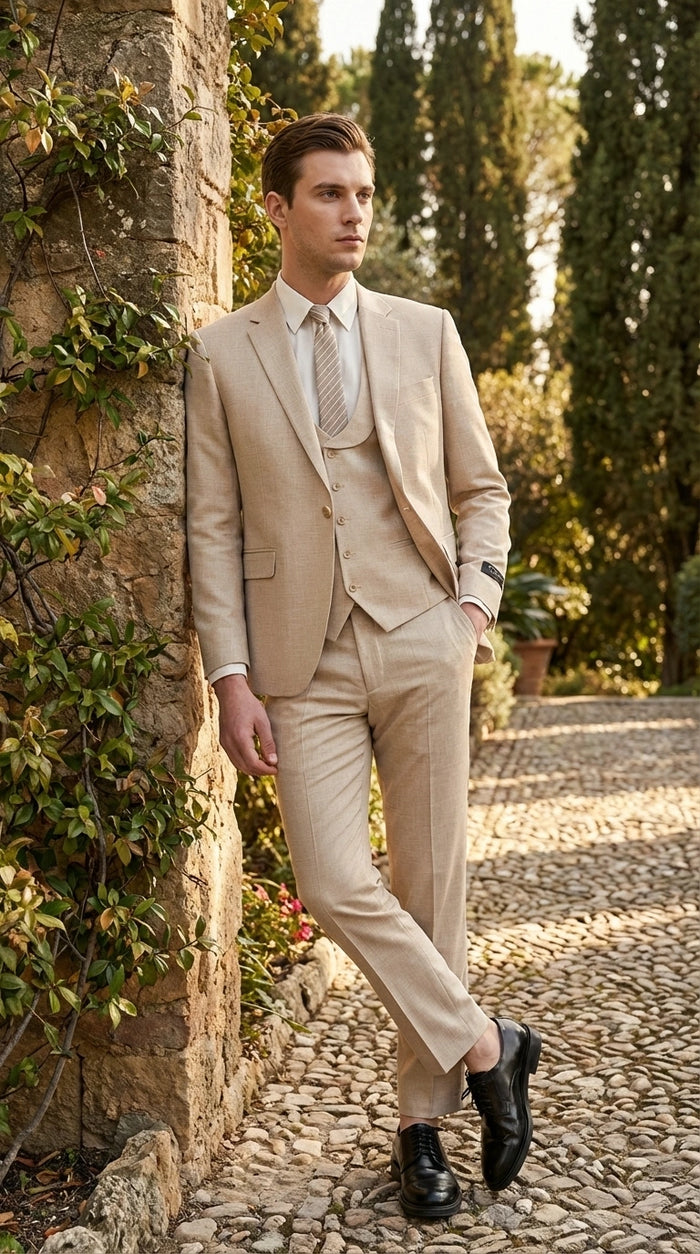 Mens Sand Beige 3 Piece Suit – Double breasted Vest Formal Suit Set  and Dress Pants in Champaign Natural Summer Color Modern Fit