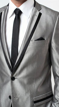 Men’s Silver Sharkskin Tuxedo Suit with Black Piping – Shiny Two Button Formal Suit for Wedding, Prom and Party Wear