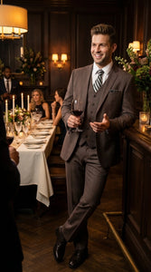 Men’s Brown Sharkskin 3 Piece Suit – Textured Two Button Vested Business Formal Suit for Wedding, Party Wear Vested