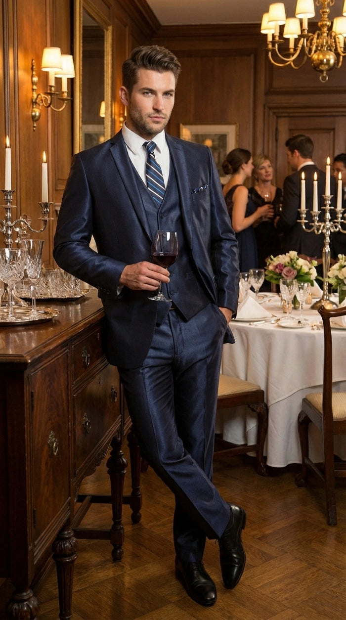 Men’s Navy Blue Sharkskin 3 Piece Suit – Two Button Vested Shiny Formal Suit for Wedding, Prom, Business and Party Wear Modern Fit