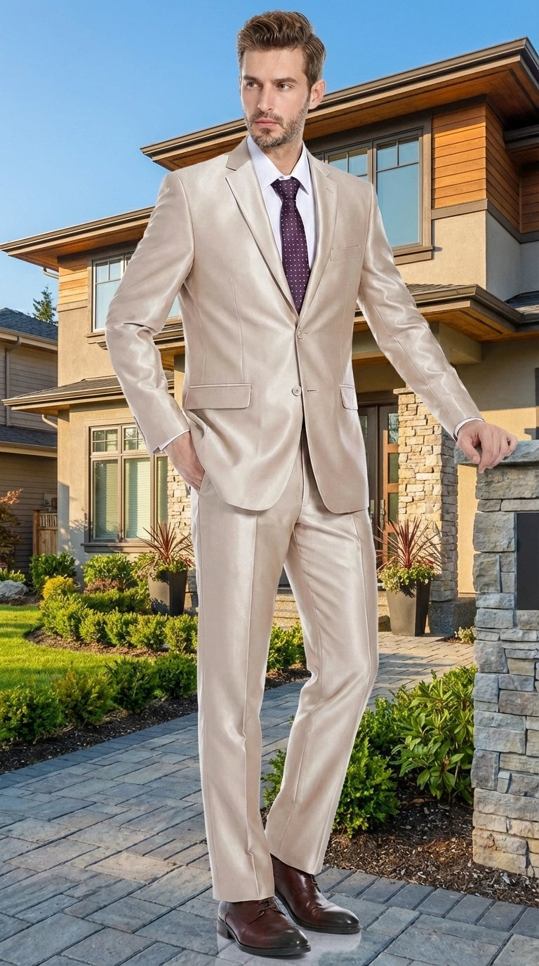 Men’s Champagne Tan Sharkskin 2 Button Suit – Shiny Formal Suit with Optional Vest for Wedding, Prom, Business Beige Color Modern Fit