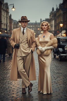 Men’s Cashmere & Wool Camel Beige Long Overcoat – Peaky Blinders Style Vintage Formal Coat + Suit + Hat Package