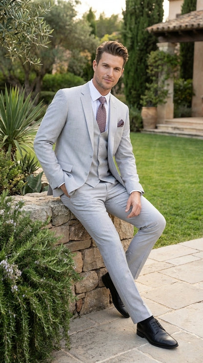 Men’s Light Grey Sharkskin 3 Piece Suit – Two Button Vested Modern Formal Business Suit for Wedding in silver Ice Gray Modern Fit